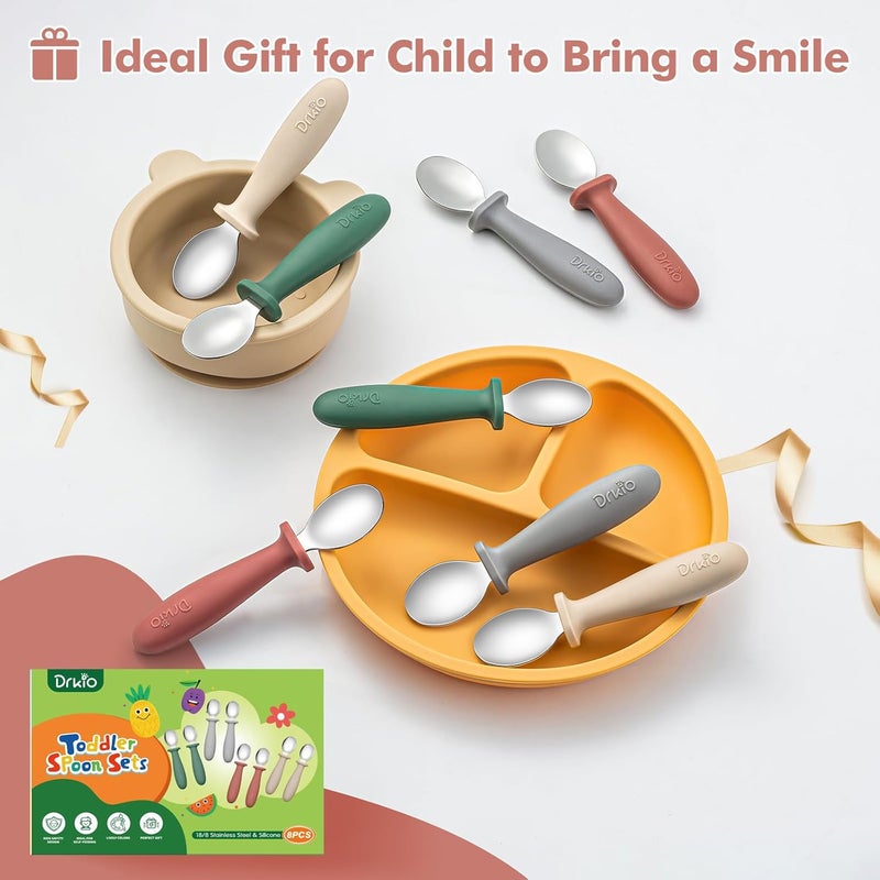 DRKIO 8 PCS Toddler Spoons Set - Baby Spoons with Silicone Handle Children safe 18/8 Stainless Steel Toddler Utensils Set for Self Feeding Kids Silverware Anti-Choke Design Food Grade Dishwasher Safe - Image 5